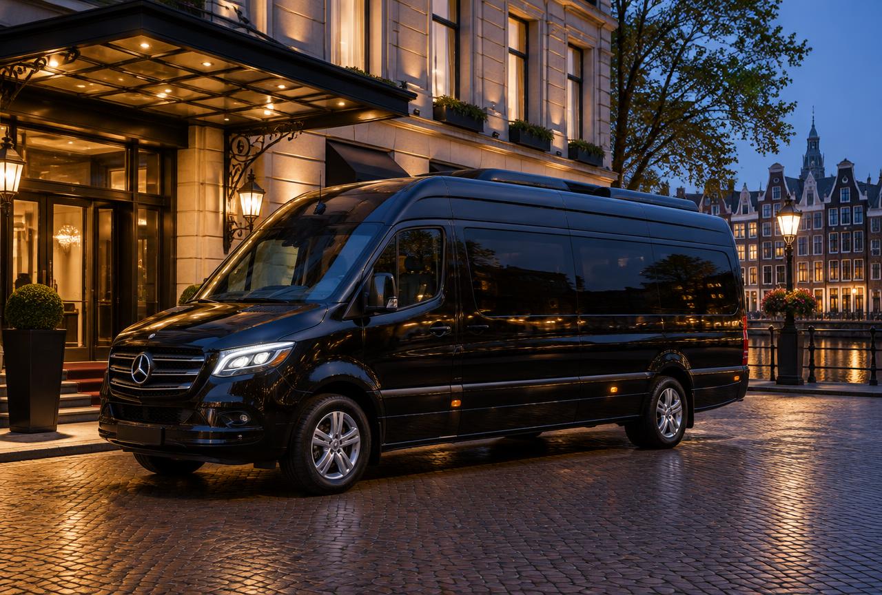 Zwarte Mercedes Sprinter voor een hotel