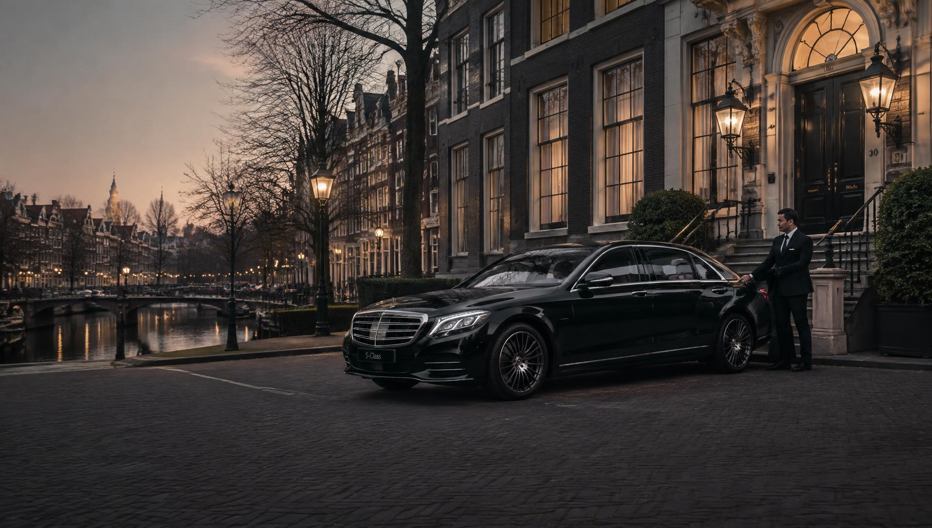 Mercedes taxi bij een Amsterdams grachtenpand